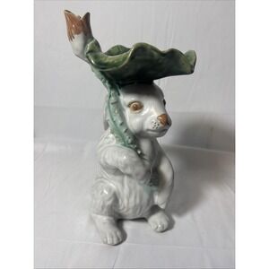Vintage White Rabbit Cactus Flower Majolica Art Pottery Figural Vase Figurine